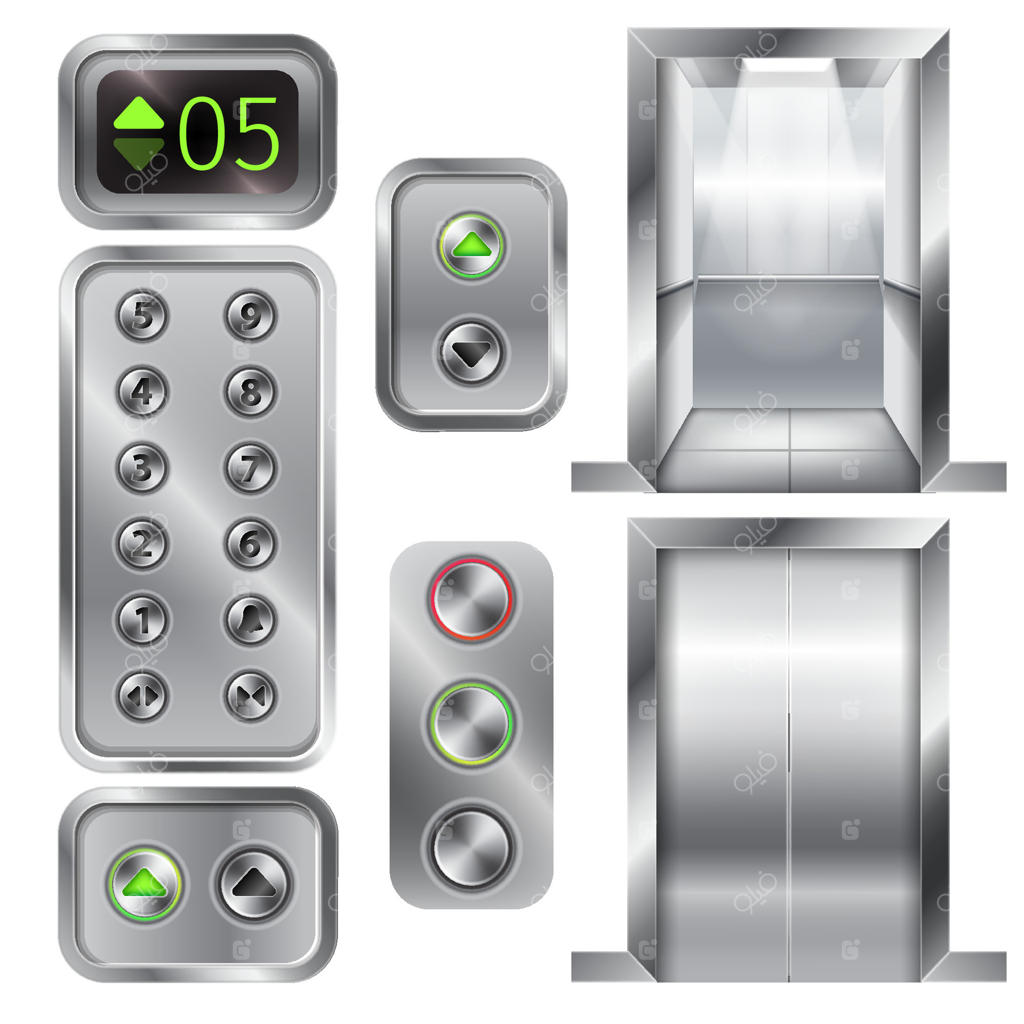 طرح آسانسور با درهای بسته و باز و پنل دکمه‌ها - تصویرسازی سه‌بعدی. کابین آسانسور فلزی یا استیل واقع‌گرایانه با دکمه‌های کرومی، پنل دیجیتال با چراغ‌های قرمز و سبز و فلش‌ها.