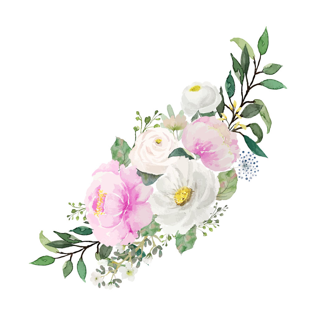 دسته گل رنگ‌آمیزی با آبرنگ: گل‌های صورتی و سفید با برگ‌های سبز