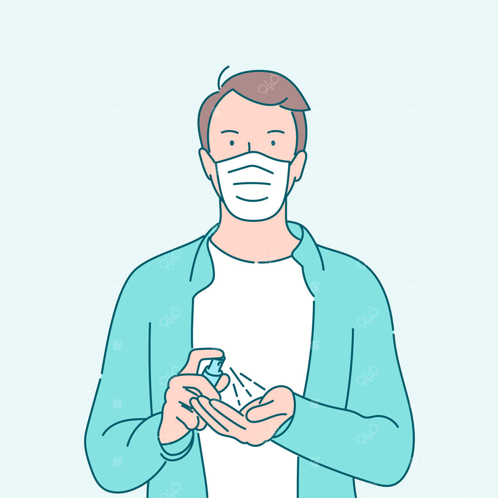 دست‌های مرد در حال استفاده از ژل ضدعفونی‌کننده دست. تصویرسازی‌های برداری به سبک دست‌ساز.