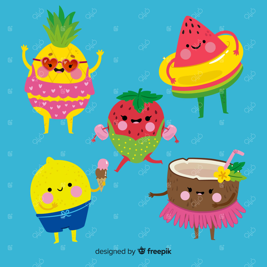 مجموعه غذاهای تابستانی بامزه و کارتونی