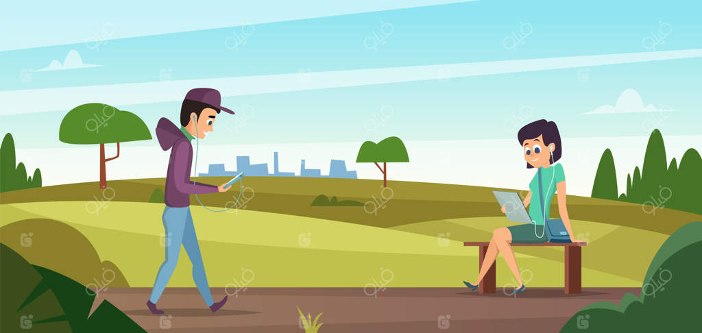 مطالعه در پارک: پسری در طبیعت قدم می‌زند و دختری روی نیمکت با کتاب نشسته است