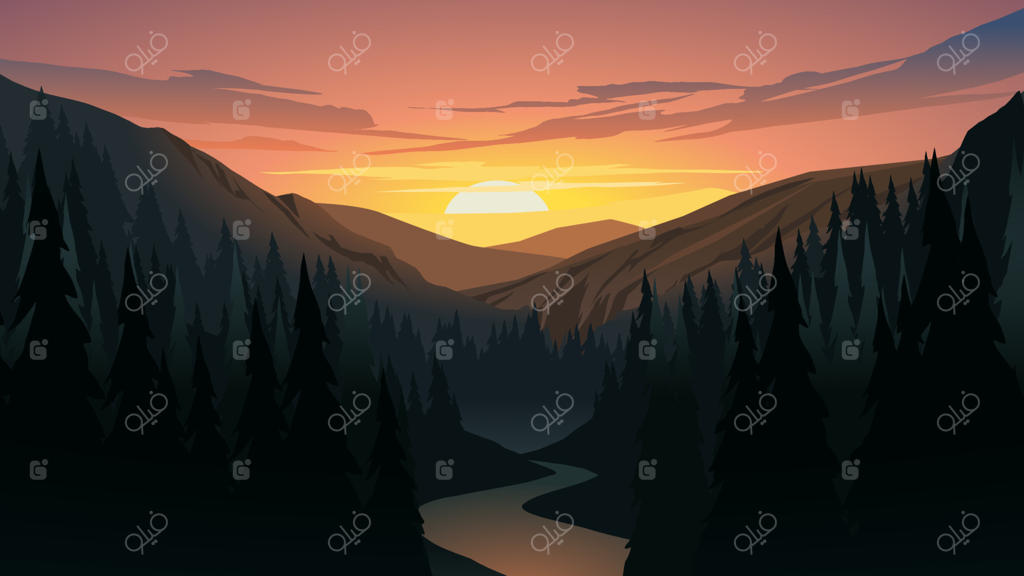 وکتور منظره طبیعت از غروب کوهستان، جنگل، رودخانه و دره