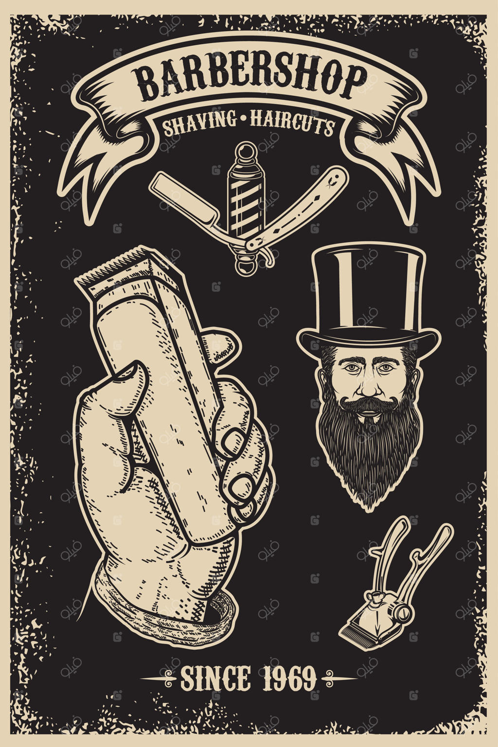 قالب پوستر وینتیج آرایشگاه مردانه. المان طراحی برای پوستر، نشان، تابلو و تیشرت. (سبک تصویرسازی)