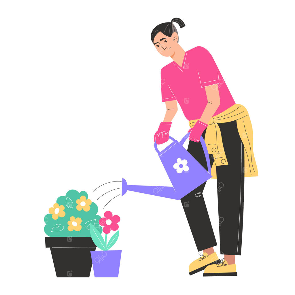 جوانی به گل‌های باغچه در گلدان آب می‌دهد