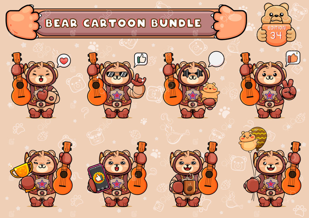 مجموعه یا بسته‌ای از تصاویر خرس بامزه با لباس فضانوردی و گیتار آکوستیک و وسایل دیگر