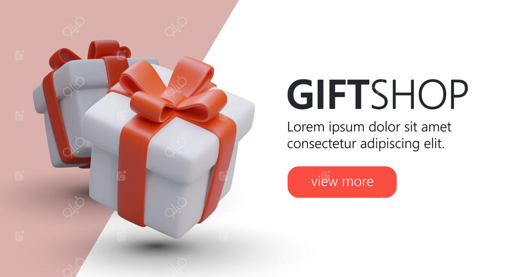 فروشگاه هدیه: طراحی بنر افقی برای تبلیغ فروشگاه سوغات، هدایای خاص و بسته‌بندی‌های متنوع