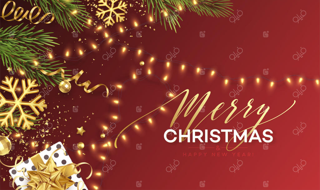 بنر کریسمس: چراغ‌های زینتی درخشان با برف‌دانه‌های طلایی و ریسه‌های طلایی بر پس‌زمینه‌ای از شاخه‌های درخت کریسمس. تصویرسازی