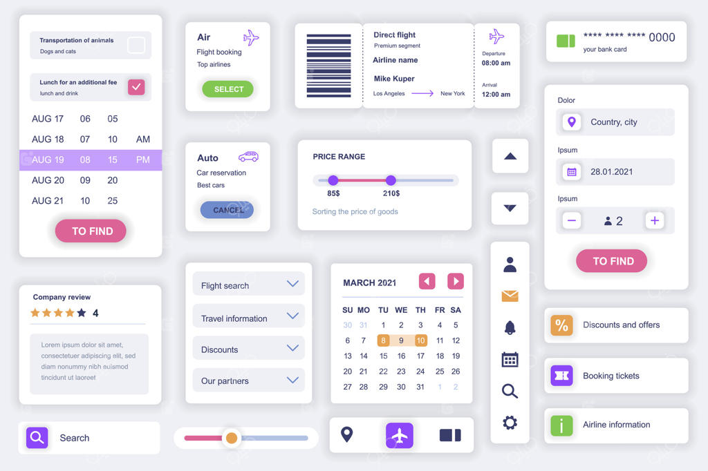 مجموعه عناصر رابط کاربری برای اپلیکیشن رزرو موبایل؛ قالب کیت شامل نمودارهای HUD، بلیط هواپیما، فرم کارت پرواز، تقویم و اطلاعات سفر. بسته صفحات UI، UX و GUI با اجزای وکتور.