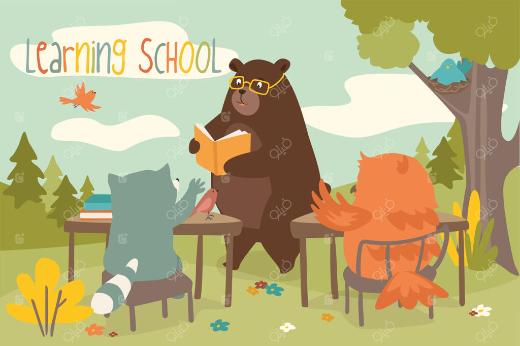 پس‌زمینه مفهومی مدرسه و یادگیری؛ حیوانات بامزه در کلاس درس جنگلی و تدریس معلم جغد