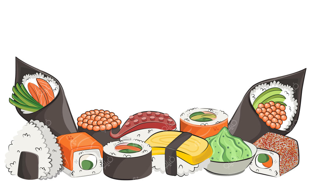 غذاهای ژاپنی برای منوی رستوران‌ها و پوسترهای سایت‌های تحویل، با تصویرسازی وکتور شامل سوشی، اونگیری و سس سویا مناسب برای پس‌زمینه سفید