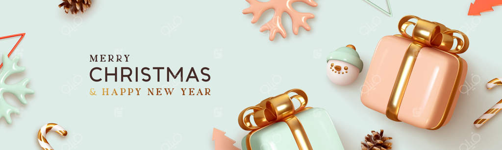 بنر وب کریسمس: طراحی سال نو با جعبه هدیه آبی و صورتی، دانه برف سه‌بعدی، آب‌نبات عصایی و مخروط کاج. پوستر و کارت تبریک افقی برای وبسایت