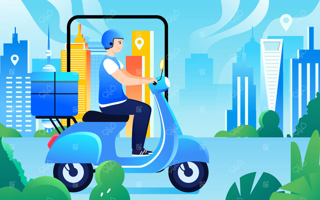 پیک موتورسواری با گیاهان و ساختمان‌های مختلف در پس‌زمینه وکتور