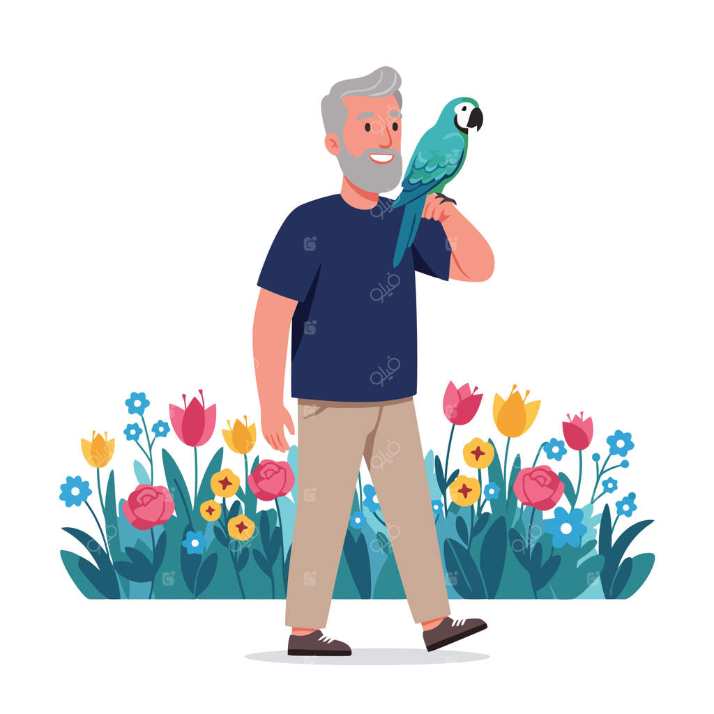 تصویر مردی با طوطی در باغی پر از گل‌های رنگارنگ