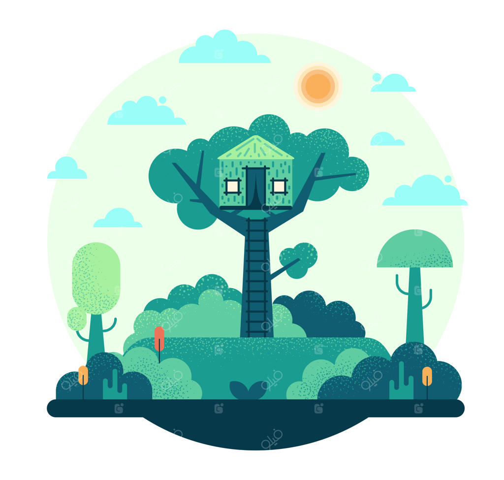 خانه‌ای روی درخت برای کودکان - تصویرسازی کارتونی تخت