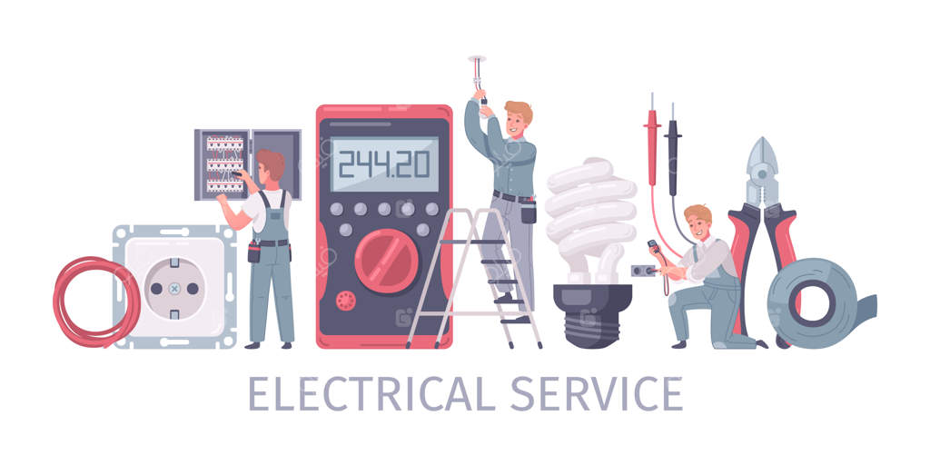 کارتون برق‌کار: ترکیبی از شخصیت‌ها و متن درباره تعمیرکاران با سوکت برق، نوارچسب و تصویر چراغ