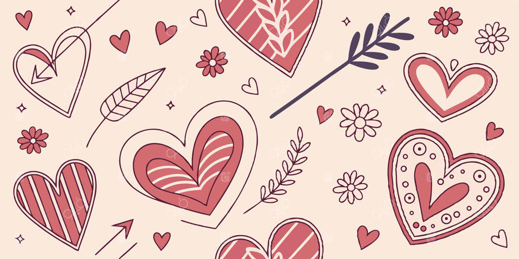 پترن عاشقانه با قلب‌ها و برگ‌های دست‌کشیده بر روی زمینه صورتی ملایم