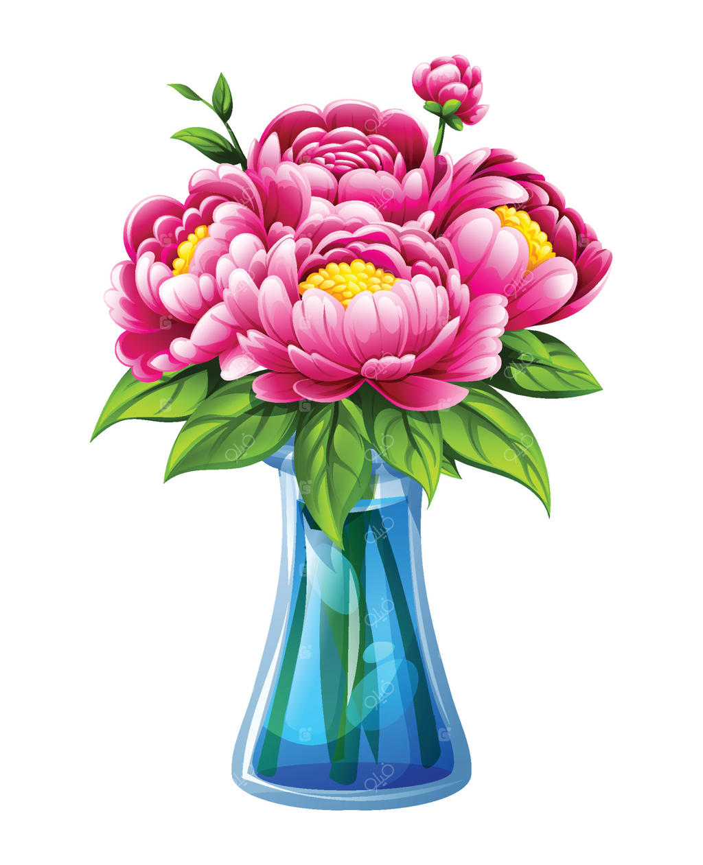 تصویر کارتونی از گل‌های صدتومانی صورتی در گلدان شیشه‌ای بلند با ساقه‌ها و برگ‌ها