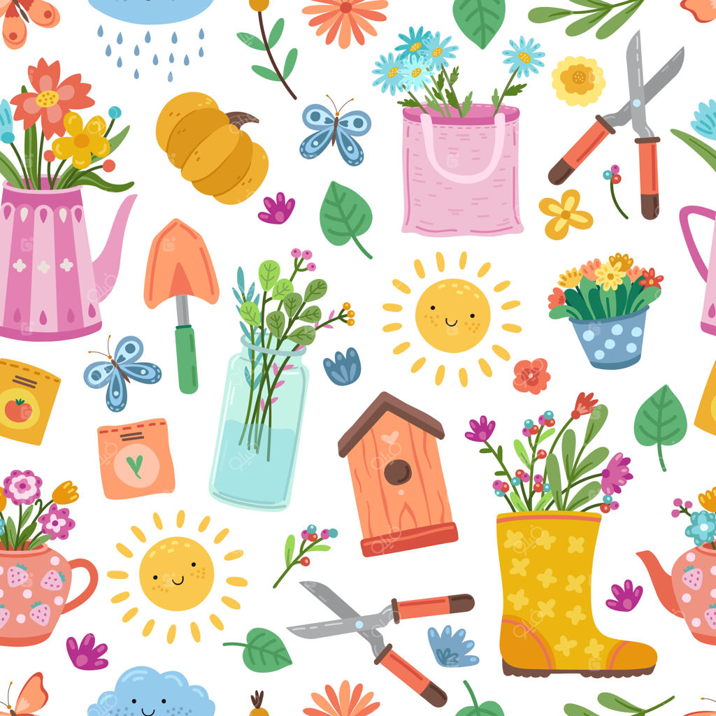 طرح بهاری زیبا و رنگارنگ: طراحی گل‌های تابستانی در چکمه‌های باغبانی برای چاپ پارچه. بافت دقیق و یکنواخت.