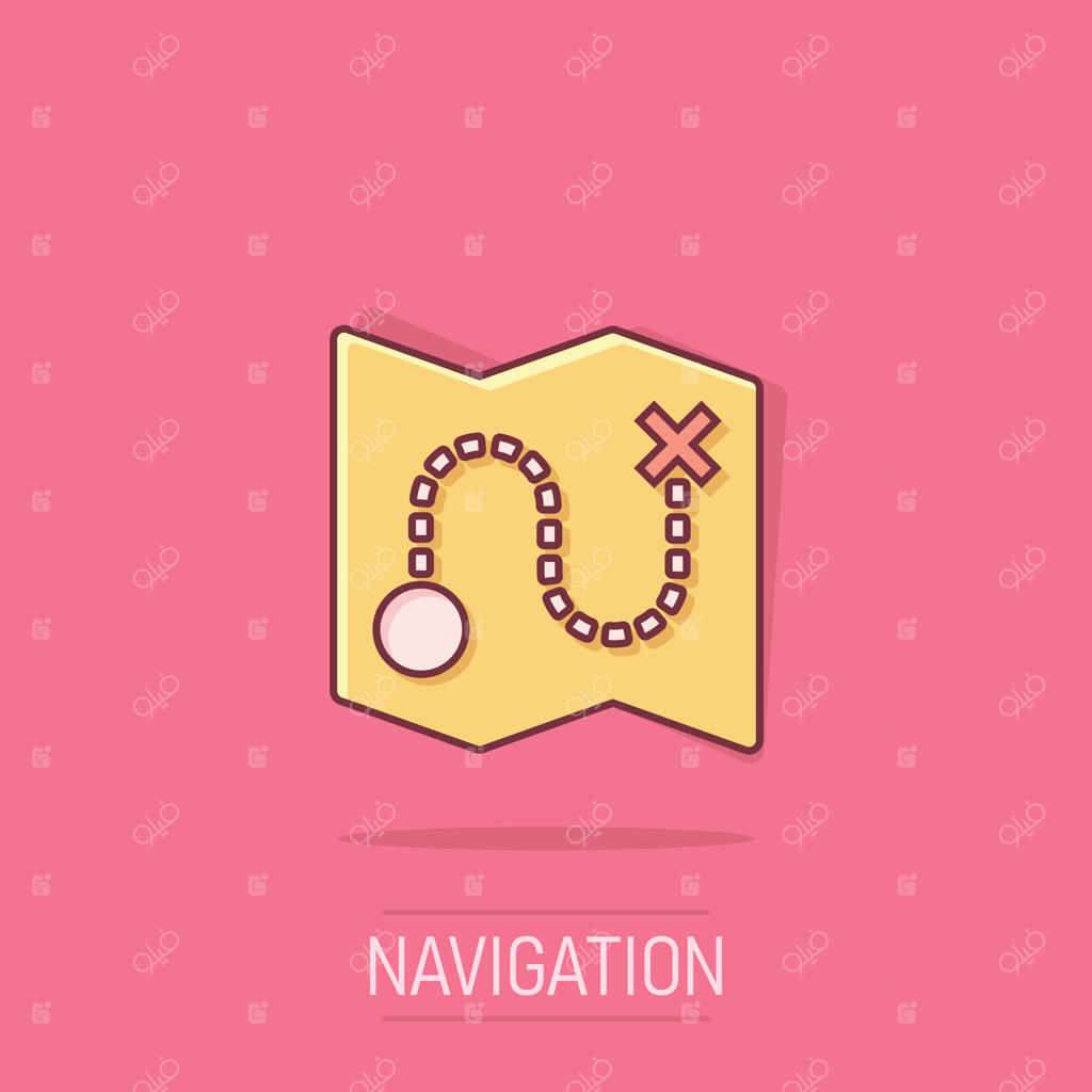 آیکون پین نقشه به سبک کمیک. تصویرسازی کارتونی GPS برای ناوبری، پس‌زمینه‌ای ایزوله. یافتن موقعیت، مفهوم کسب‌وکار با افکت کمیک.