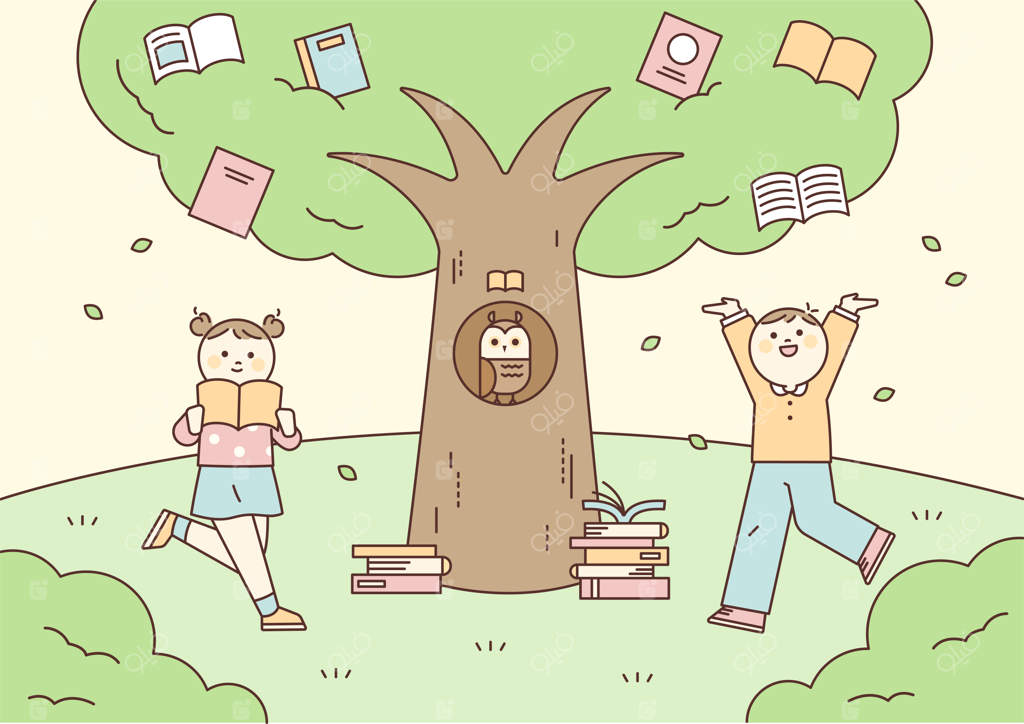 کودکان زیبا در مقابل درختی بزرگ مشغول مطالعه هستند