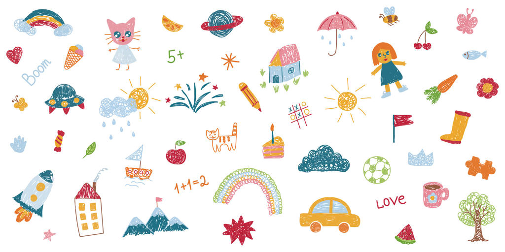 مجموعه نقاشی‌های کودکانه رنگارنگ، عناصر تزئینی ساده. آیکون‌های مختلف مانند قلب‌ها، ستاره‌ها، حباب‌های گفت‌وگو، ماشین‌ها، رنگین‌کمان‌ها روی زمینه سفید.