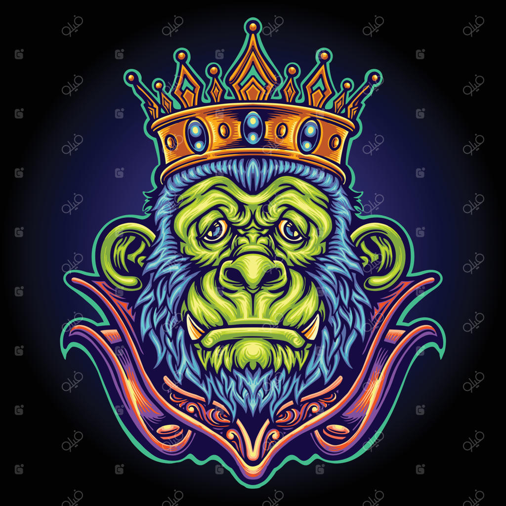 تصویرسازی وکتور مسکات گوریل پادشاه به سبک کارتونی؛ مناسب برای طراحی لوگو، چاپ روی تی‌شرت، استیکر، لیبل، پوستر، کارت تبریک و تبلیغات تجاری و برندینگ.