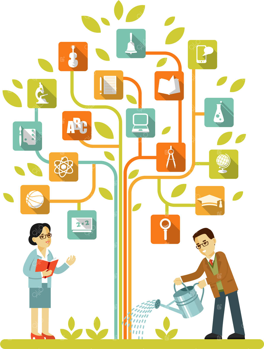 طرح درخت دانش با نمادهای آموزشی برای معلمان زن و مرد