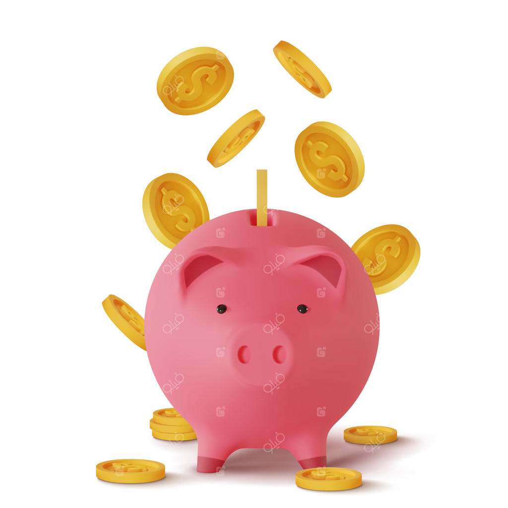 قلک سه‌بعدی واقع‌گرایانه به شکل خوک با سکه‌هایی که می‌ریزند، در زمینه سفید