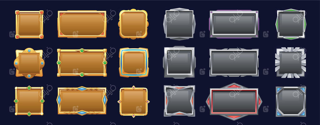 دکمه‌های منوی بازی: قاب‌های رابط کاربری فلزی کارتونی، طراحی گرافیکی اسپریت دو‌بعدی برای وب و اپلیکیشن موبایل بازی نقش‌آفرینی. مجموعه‌ای وکتوری و مجزا