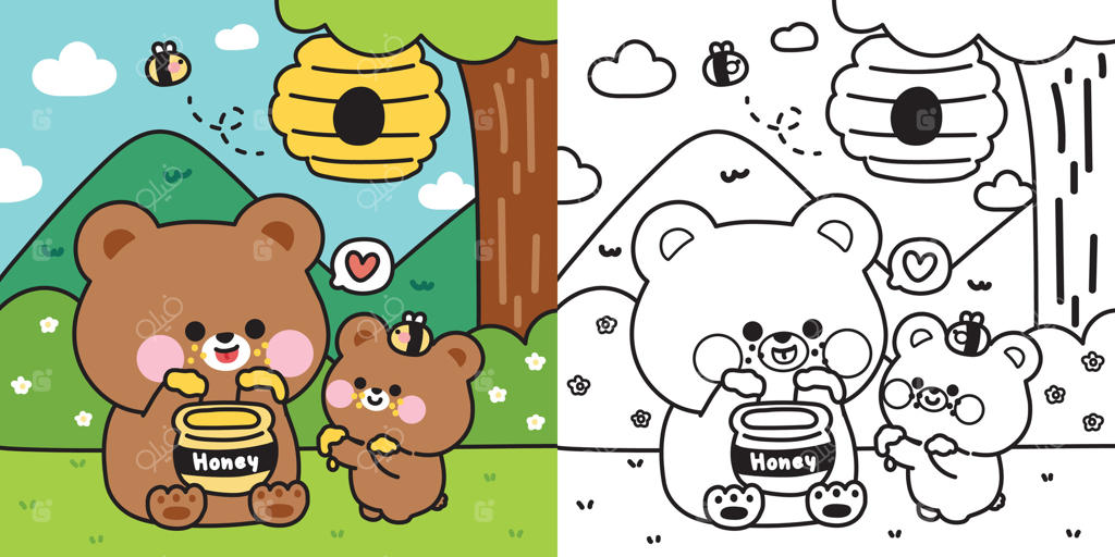 صفحات رنگ‌آمیزی: مادر خرس مهربان و بچه‌اش در حال خوردن عسل روی چمنزار جنگلی. درخت، کوه، ابر، گل‌ها و کندو. روز مادر. عشق. قلب. کارتونی از حیوانات وحشی. کتاب نقاشی. کاوایی. تصویرسازی.