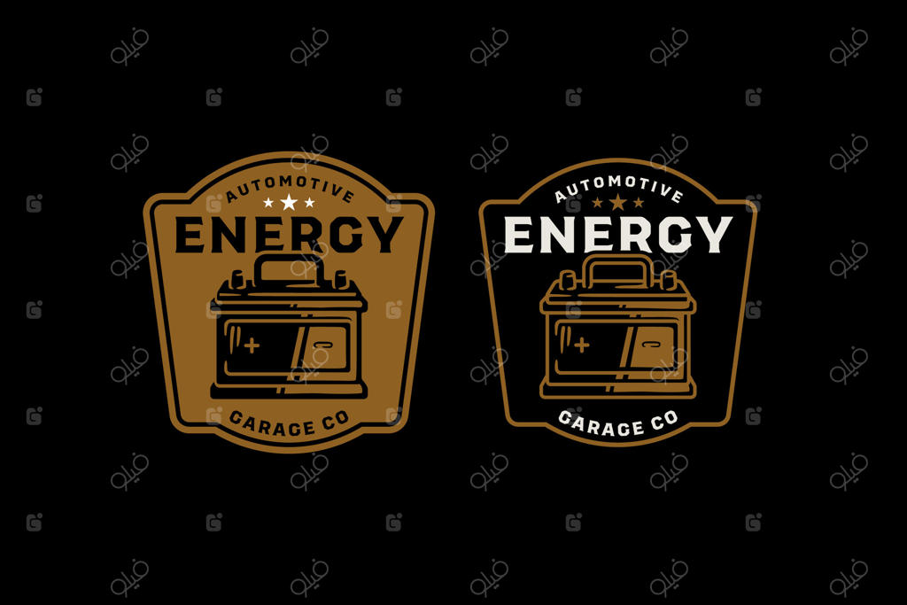 مجموعه طراحی لوگو نشان قدیمی باتری خودرو برای تعمیرگاه و کارگاه. طراحی گرافیکی آرم کلاسیک باتری خودرو برای قطعات یدکی. عناصر طراحی برچسب باتری خودرو.