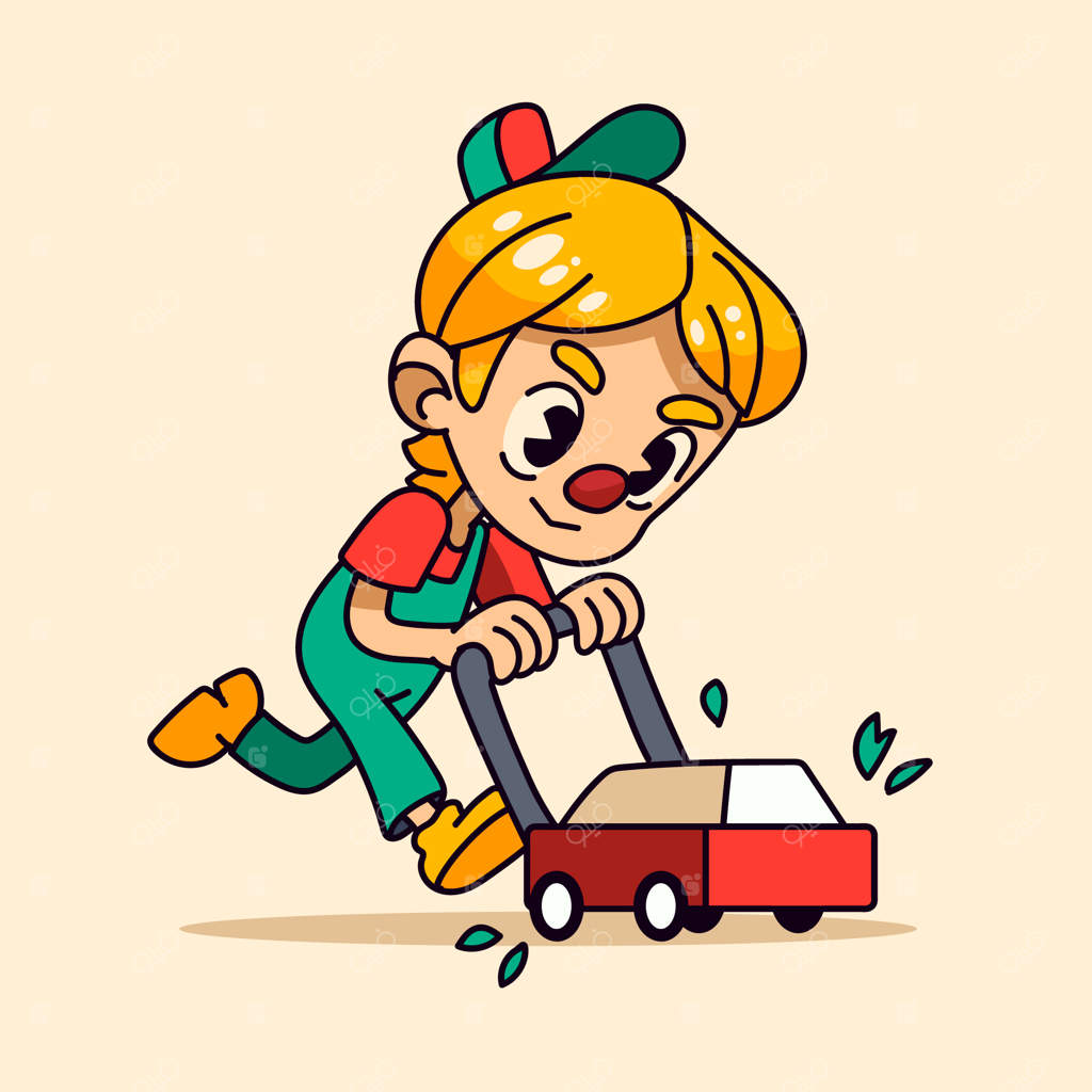 تصویر کارتونی باغبان با چمن‌زن دستی