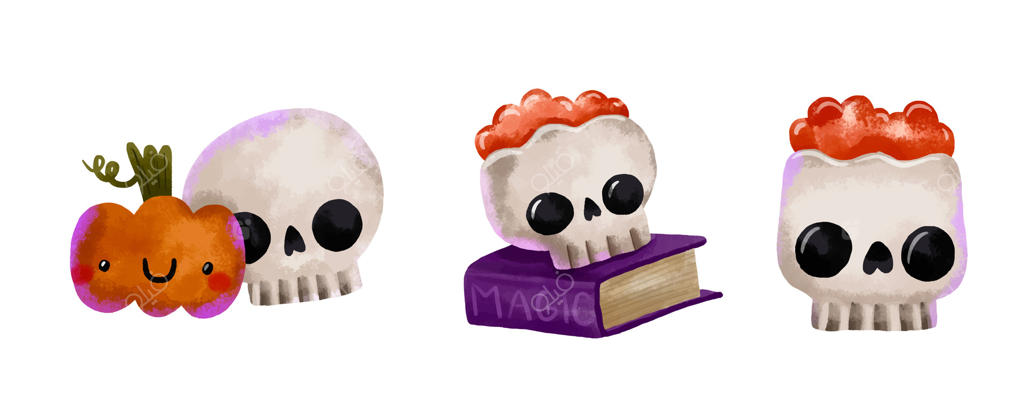 مجموعه کدو تنبل، ارواح، جمجمه با مغز و زامبی