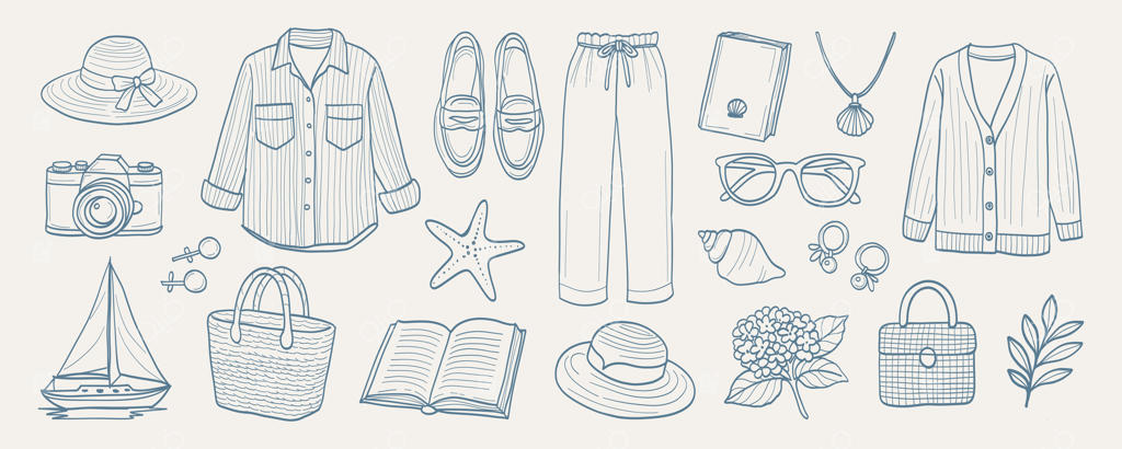 طراحی آبی و سفید از انواع لباس‌ها و لوازم جانبی، شامل یک کلاه، یک کتاب، یک کیف و یک عینک آفتابی