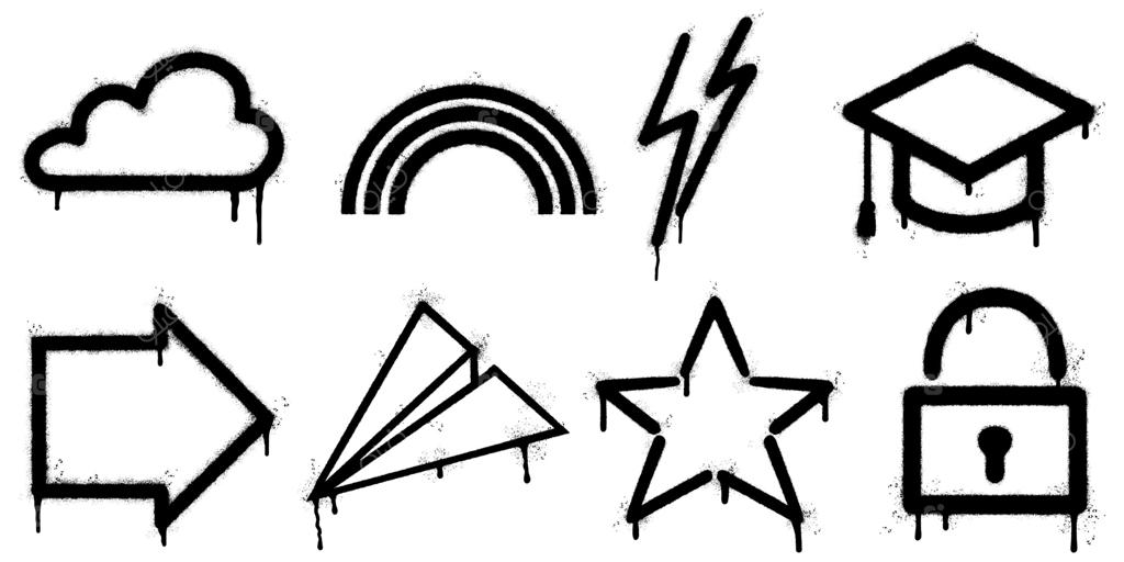 مجموعه آیکون‌های شابلون گرافیتی با تصاویر ابر، رنگین‌کمان، صاعقه، فلش، ستاره، قفل، هواپیمای کاغذی و کلاه فارغ‌التحصیلی.