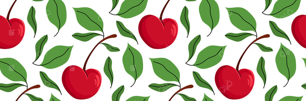 پترن یکپارچه با گیلاس قرمز و شاخ و برگ سبز. پس‌زمینه باغ بهاری. برداشت، مزرعه و کشاورزی. مناسب برای طراحی پارچه، منو، بسته‌بندی و آشپزخانه. تصویرسازی تخت.