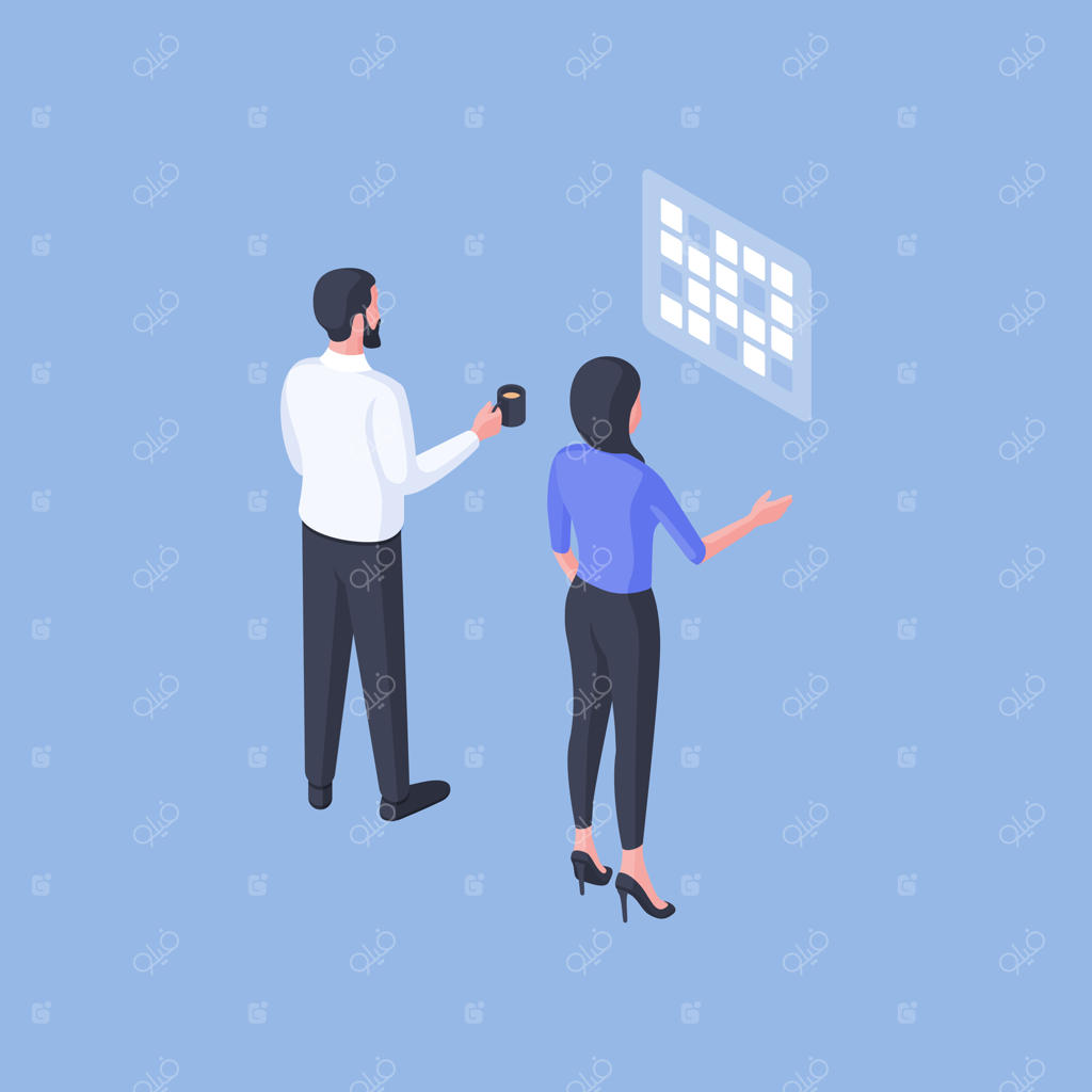 تصویر ایزومتریک همکاران مرد و زن با فنجان نوشیدنی داغ در حال بررسی تقویم و برنامه‌ریزی، در پس‌زمینه آبی