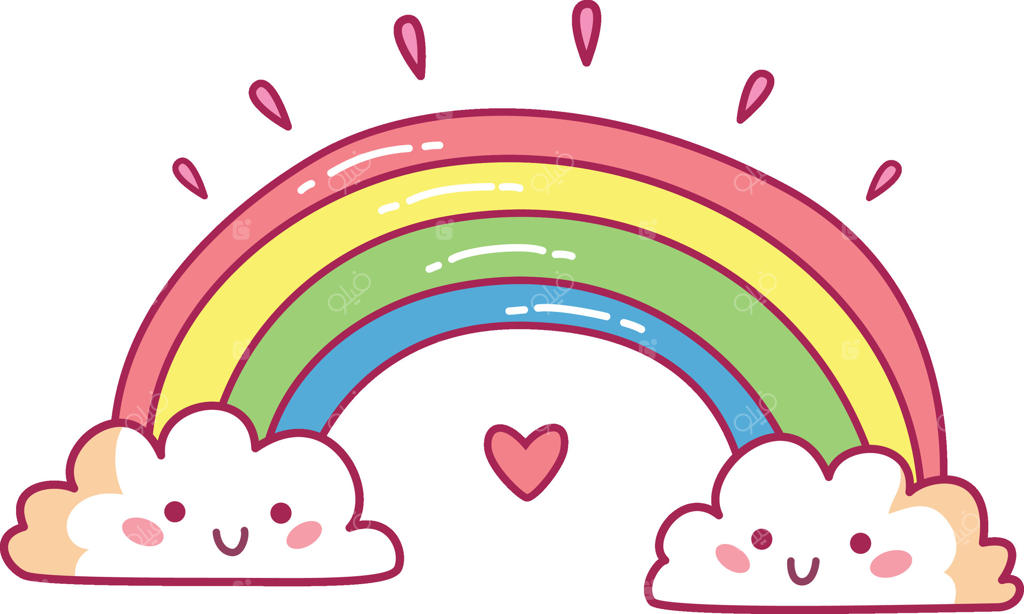 رنگین‌کمانی شاد و کارتونی که از ابرهای خندان با قلب بیرون می‌آید، فضایی شاد و بازیگوشانه برای هنر یا تزئینات کودکان ایجاد می‌کند.