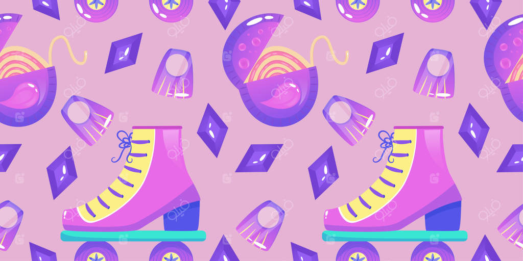 پترن پیوسته دهه ۹۰ به سبک قدیمی: تصویرسازی وکتور کارتونی به سبک ۱۹۹۰. طراحی مدرن وکتوری. رنگ‌های نئونی. پترن پیوسته با کفش‌های غلتکی، آدامس و حلقه.