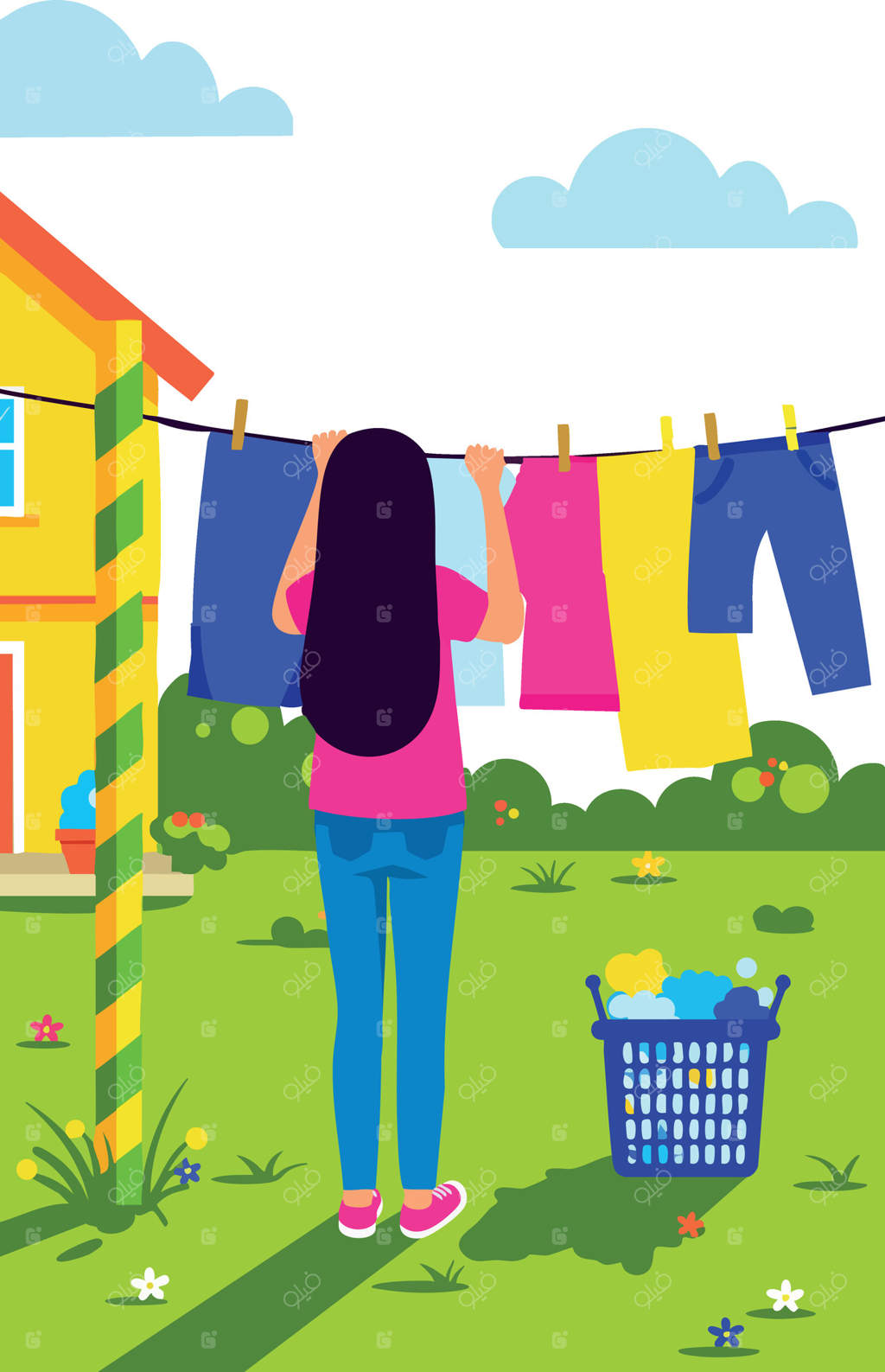 تصویری از زنی که لباس‌ها را در باغ آفتابی با آسمان آبی و چمن‌های سبز پهن می‌کند