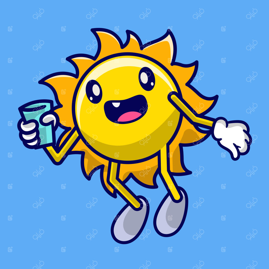 کارتون خورشید بامزه در حال گرفتن لیوان آب