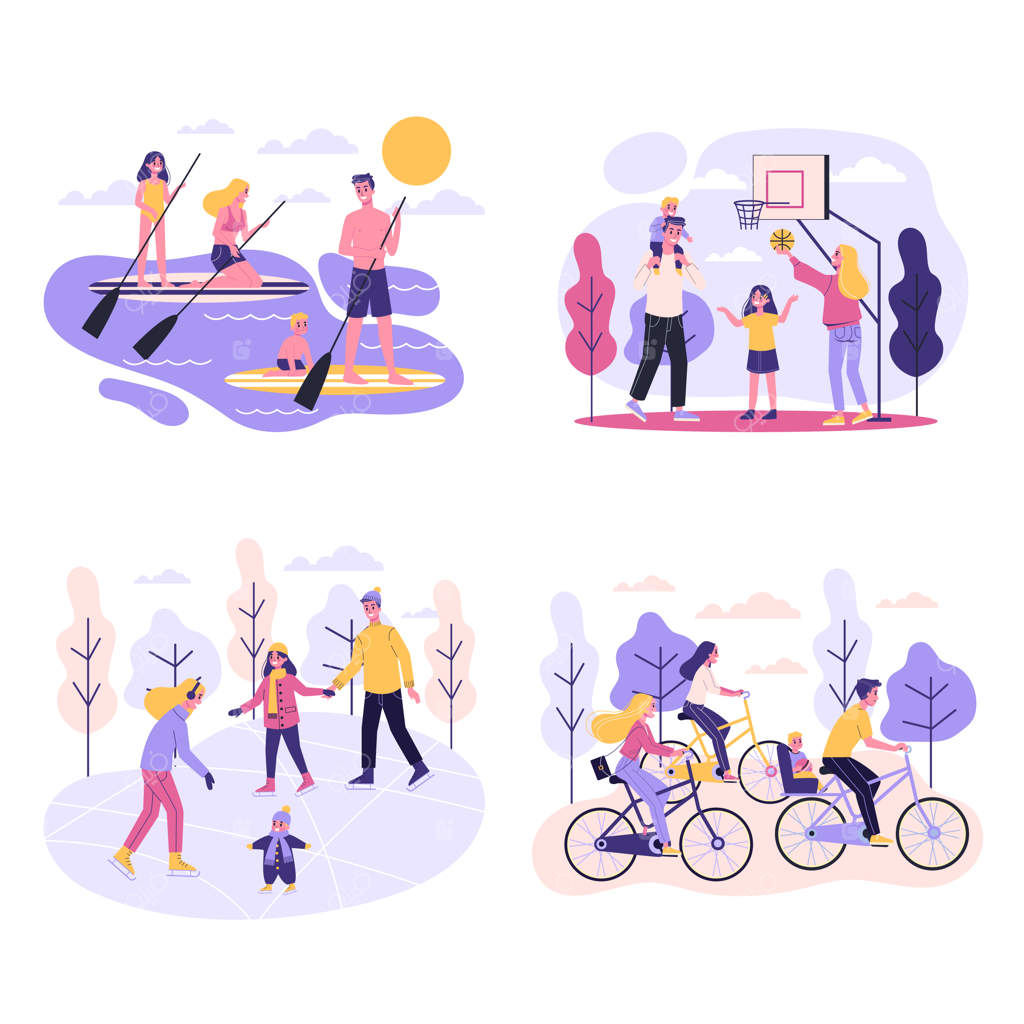 مجموعه فعالیت‌های خانوادگی و ورزشی: پیست اسکیت و زمین بسکتبال، دوچرخه‌سواری در پارک. فعالیت‌های بیرون از خانه. تصویرسازی