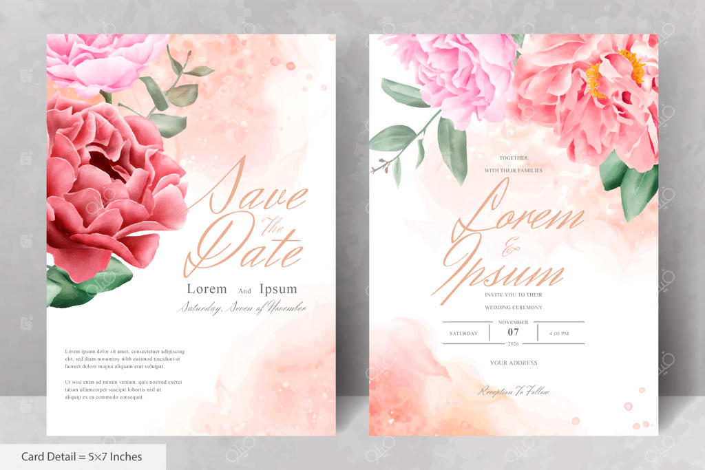 پترن کارت دعوت عروسی با طرح گل های طبیعی و آبرنگی و نقاشی دستی گل و برگ‌ها