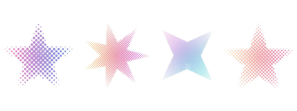 مجموعه ستاره‌های نیم‌تن نقطه‌چین برای دکوراسیون مد روز Y2K. افکت پیکسلی و دانه‌دار گرادیانت. سبک هنر پاپ قلب‌های نقطه‌دار، جداشده روی سفید