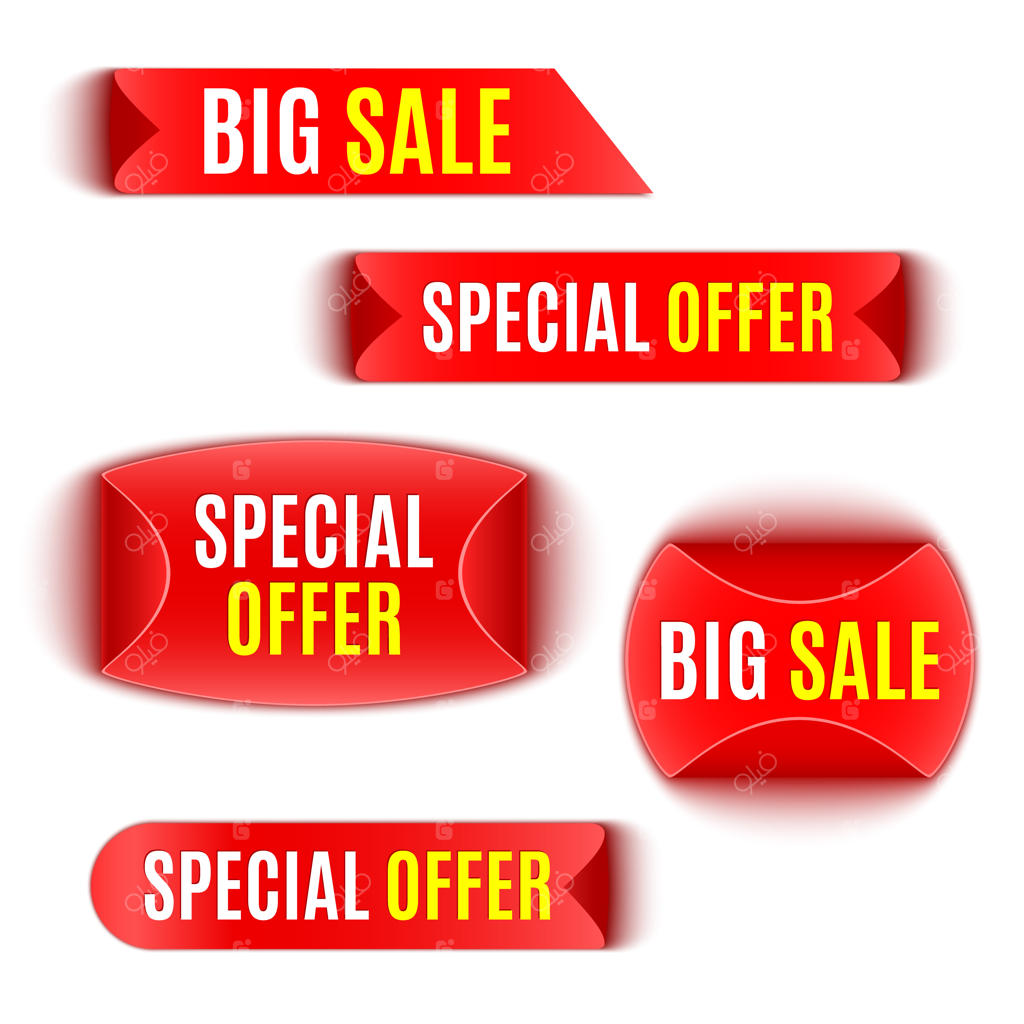 مجموعه بنرها، روبان‌ها و برچسب‌های قرمز تخفیف.