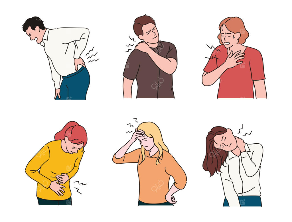 درد در نقاط مختلف بدن. طراحی‌های وکتوری با سبک دستی.