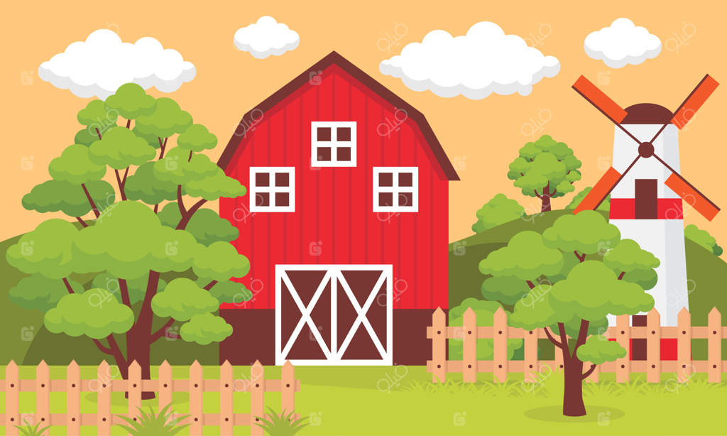 مزرعه‌ای با حصارها و آسیاب در روز آفتابی