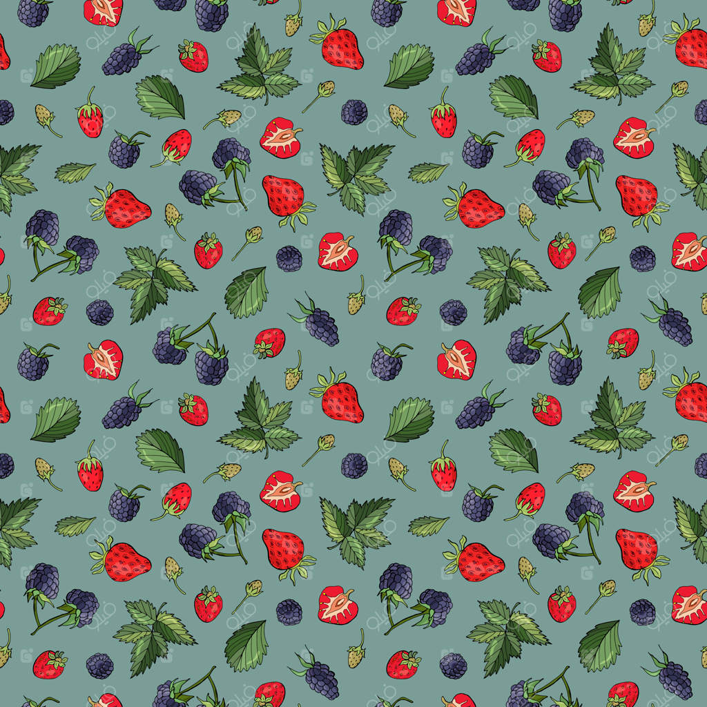 الگوی بدون درز میوه‌ای با توت‌فرنگی و شاه‌توت. طراحی برای پارچه، منسوجات و کاغذ دیواری