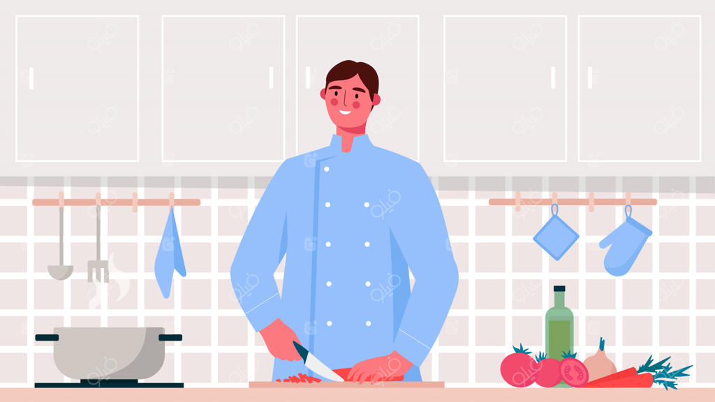 متخصصان آشپزی: سرآشپز در حال طبخ غذای سالم و خرد کردن سبزیجات - تصویرسازی تخت