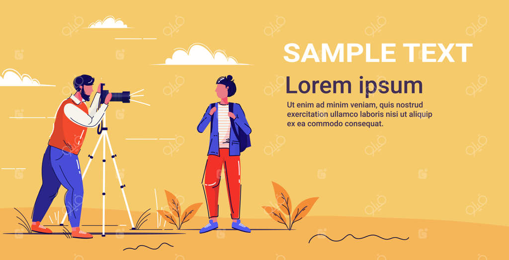 عکاس حرفه‌ای مرد با دوربین دیجیتال DSLR روی سه‌پایه در حال عکاسی از مدل دختر زیبا برای فشن شوت - طرح کلی تمام قد با فضای خالی